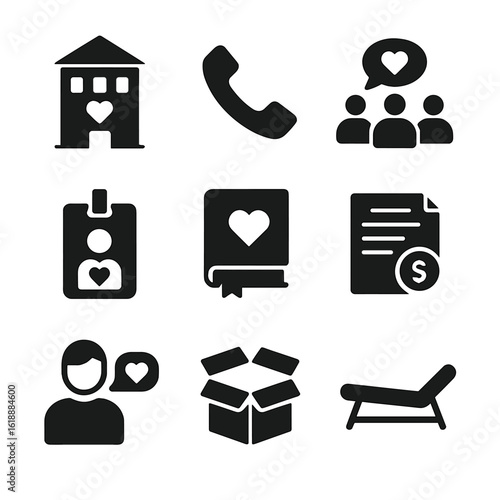 Adoption Services Icons. Solid, filled icon set of adoption and foster support services: agency building, hotline phone, support