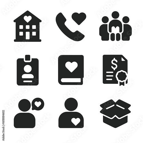 Adoption Services Icons. Solid, filled icon set of adoption and foster support services: agency building, hotline phone, support