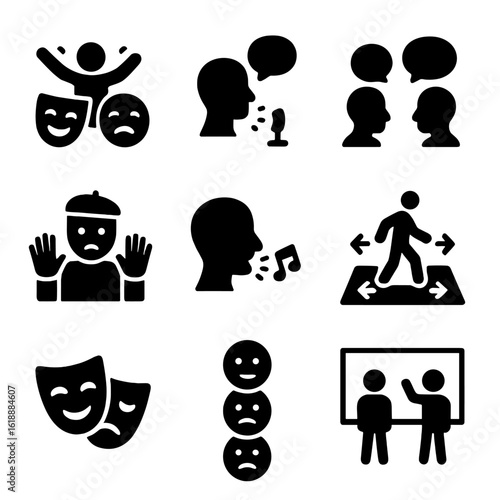 Acting Techniques Icons. Solid, filled icon set of acting techniques: improvisation, monologue, dialogue, mime, voice modulation,