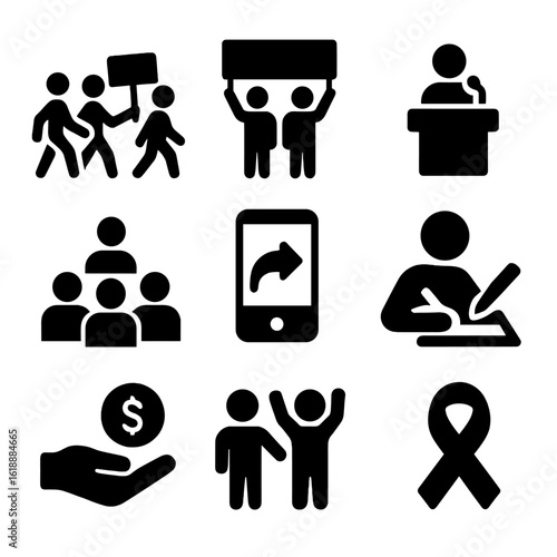 Advocacy Icons Grid. Solid, filled icon set of advocacy actions: march, banner, public speaking, community meeting, social media