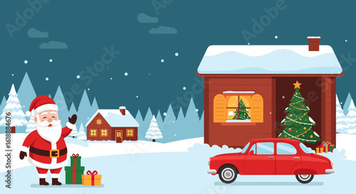 Santa Claus delivering presents to a cozy snow-covered village during Christmas
