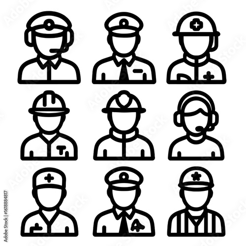 Airlift Team Icons. Solid, filled icon set of airlift evacuation personnel: pilot, co-pilot, paramedic, rescue worker, firefighter