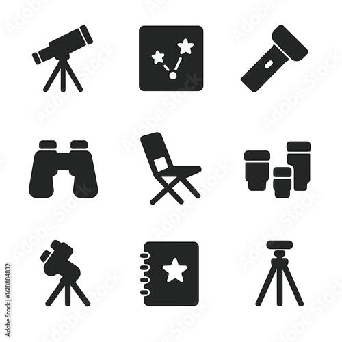 Amateur Astronomy Icons. Solid, filled icon set of amateur astronomy gear: telescope, star map, red flashlight, binoculars,