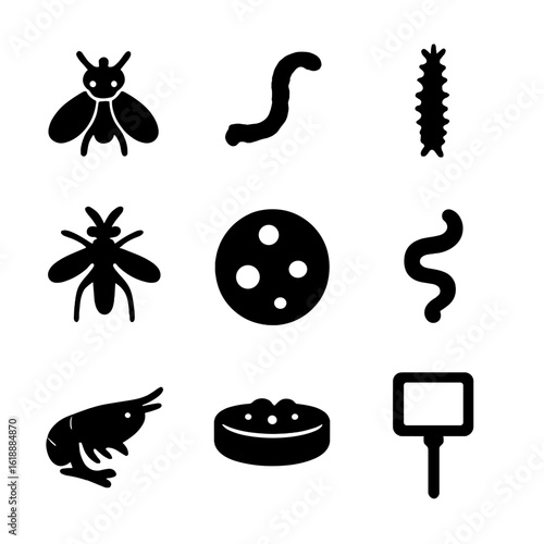 Amphibian Feeding Icons. Solid, filled icon set of amphibian feeding items: fruit fly, earthworm, mosquito larvae, bloodworm,