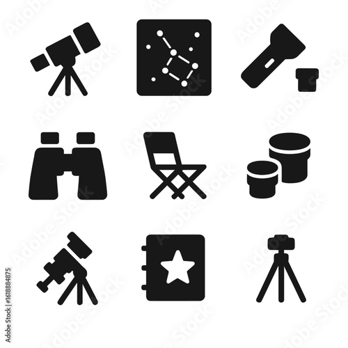 Amateur Astronomy Icons. Solid, filled icon set of amateur astronomy gear: telescope, star map, red flashlight, binoculars,