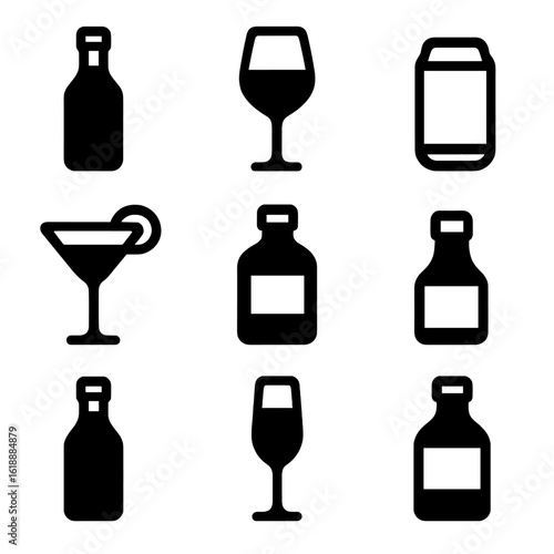 Alcohol Icon Set. Solid, filled icon set of alcoholic beverage varieties: red wine bottle, white wine glass, beer can, cocktail