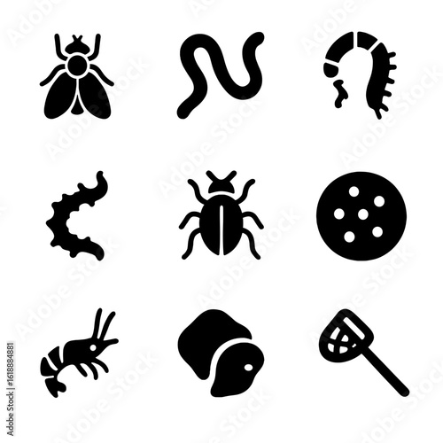 Amphibian Feeding Icons. Solid, filled icon set of amphibian feeding items: fruit fly, earthworm, mosquito larvae, bloodworm,