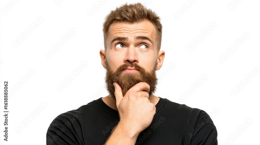 Fototapeta premium Image of hesitant unshaven European male with thick beard, holds chin, purses lips with clueless expressions, doubts what to eat delicious for supper, isolated over white background. What to choose?,