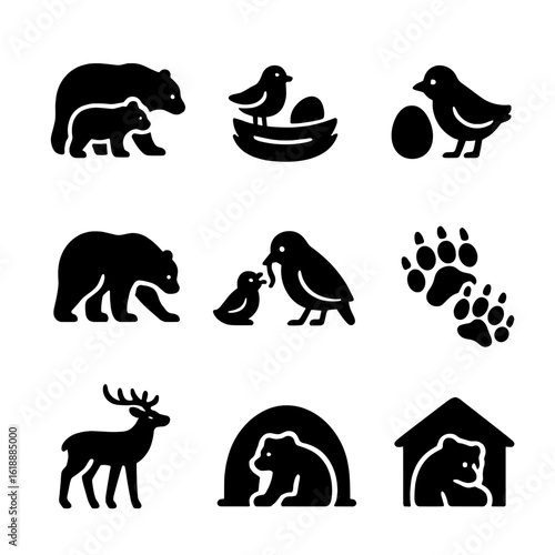 Animal Parenting Icons. Solid, filled icon set of animal parenting: mother bear, baby cub, bird’s nest, egg, protective stance,