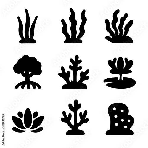 Aquatic Fitness Icons. Solid, filled icon set of aquatic plants: seagrass, kelp, seaweed, mangrove, algae, water lily, lotus,