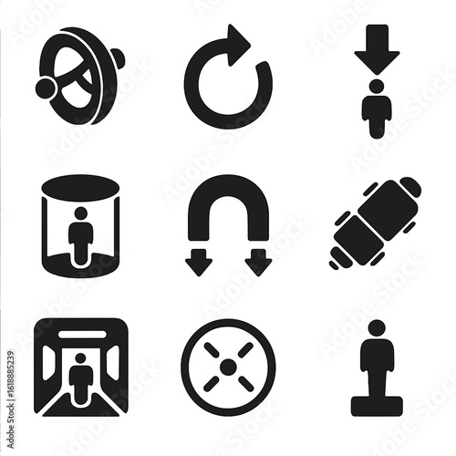 Artificial Gravity Icons. Solid, filled icon set of artificial gravity concepts: rotating space ring, centrifugal arrow, simulated