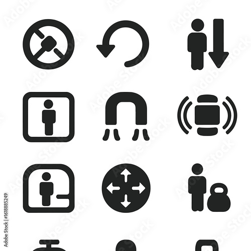 Artificial Gravity Icons. Solid, filled icon set of artificial gravity concepts: rotating space ring, centrifugal arrow, simulated