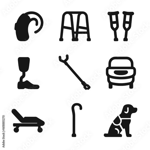 Assistive Devices Icons. Solid, filled icon set of assistive devices: hearing aid, walker, crutches, prosthetic limb, grabber tool