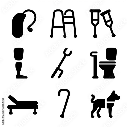 Assistive Devices Icons. Solid, filled icon set of assistive devices: hearing aid, walker, crutches, prosthetic limb, grabber tool