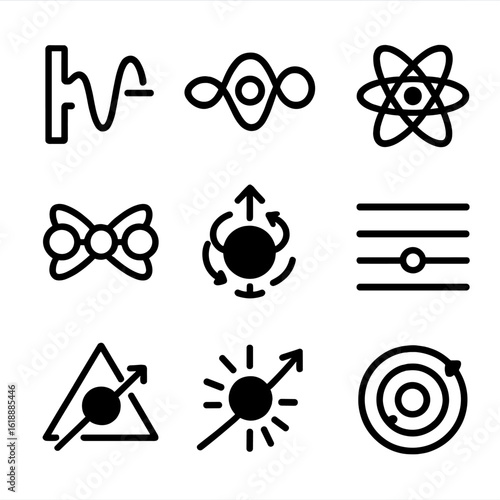 Atomic Physics Icons. Solid, filled icon set of atomic physics phenomena: quantum tunneling, wave-particle duality, superposition,