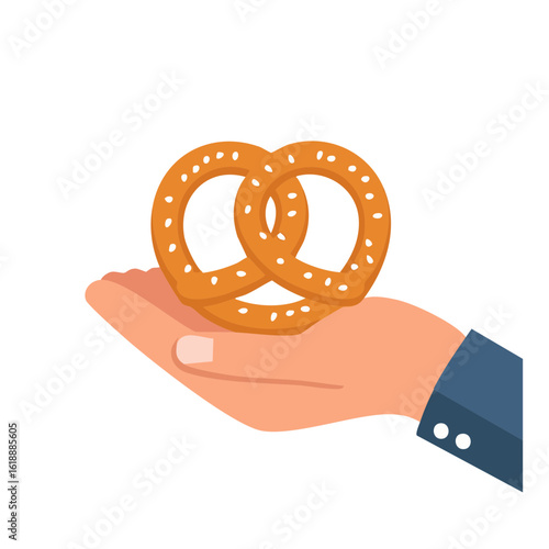 A person is holding a tasty pretzel in their hand, isolated on a backdrop. The pretzel is perfectly shaped and golden brown.