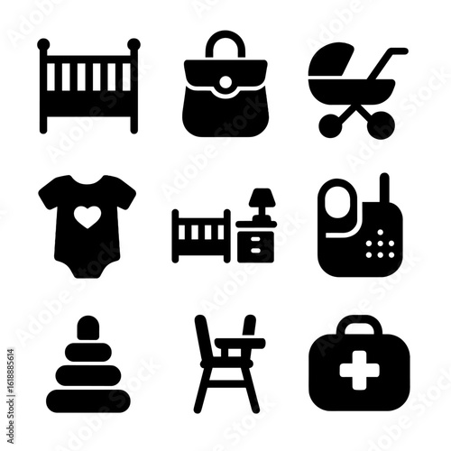 Baby Essentials Icons. Solid, filled icon set of expecting preparations: baby crib, diaper bag, stroller, baby clothes, nursery
