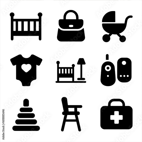 Baby Essentials Icons. Solid, filled icon set of expecting preparations: baby crib, diaper bag, stroller, baby clothes, nursery