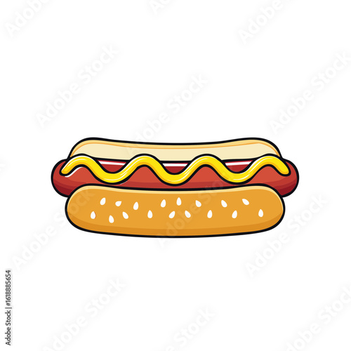 Delicious hot dog with mustard on a bun