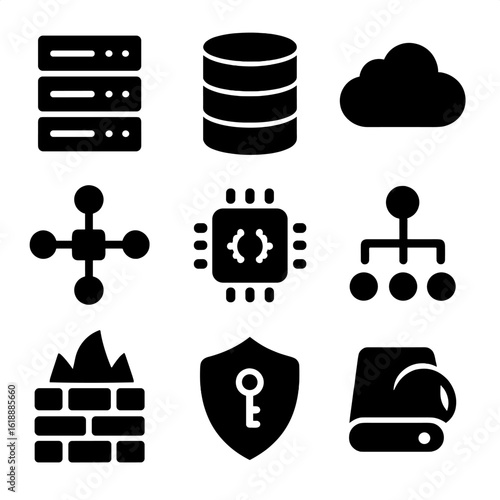 Back-End Infrastructure Icons. Solid, filled icon set of back-end infrastructure: server rack, database server, cloud computing,