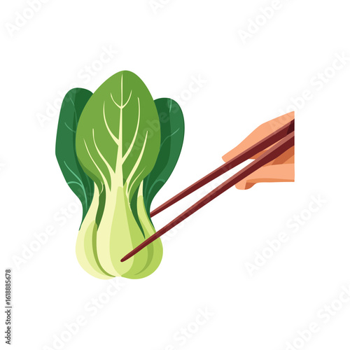 A hand is holding a pair of chopsticks, preparing to pick up a fresh, vibrant bok choy. The illustration captures the essence of Asian cuisine and the delight of fresh vegetables.