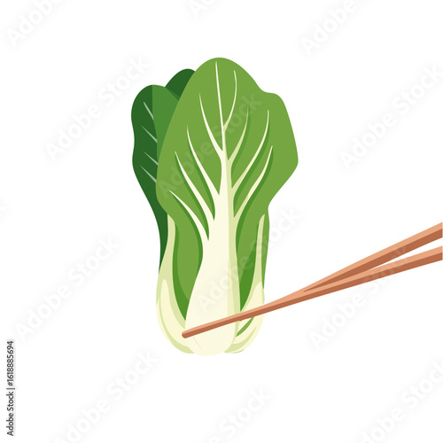 Fresh bok choy leaves served with wooden chopsticks. A healthy and delicious vegetable ready to be enjoyed.