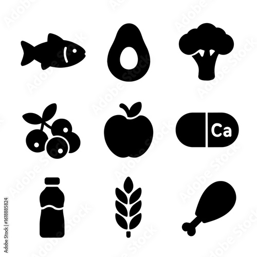 Balanced Diet Icons. Solid, filled icon set of balanced diet elements for inflammation: protein, healthy fats, fiber, antioxidants
