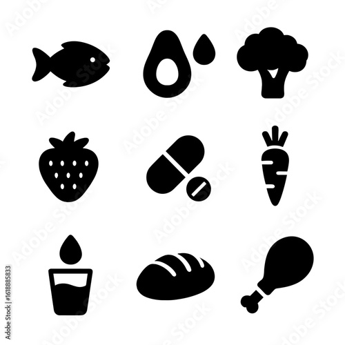 Balanced Diet Icons. Solid, filled icon set of balanced diet elements for inflammation: protein, healthy fats, fiber, antioxidants