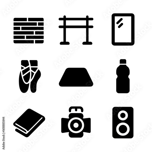 Ballet Dance Essentials. Solid, filled icon set of ballet dance floor essentials: wooden floor, barre, full-length mirror, ballet