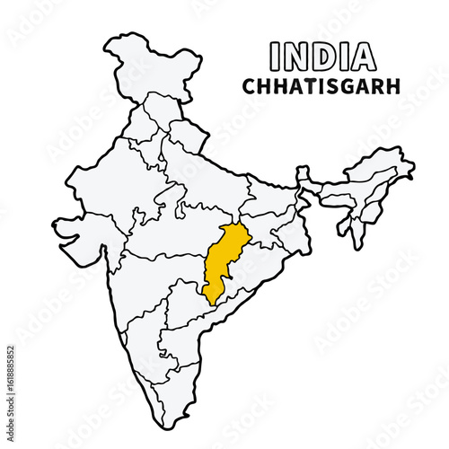 Chhatisgarh Map is highlighted on the India map with detailed state and region outlines vector illustration 