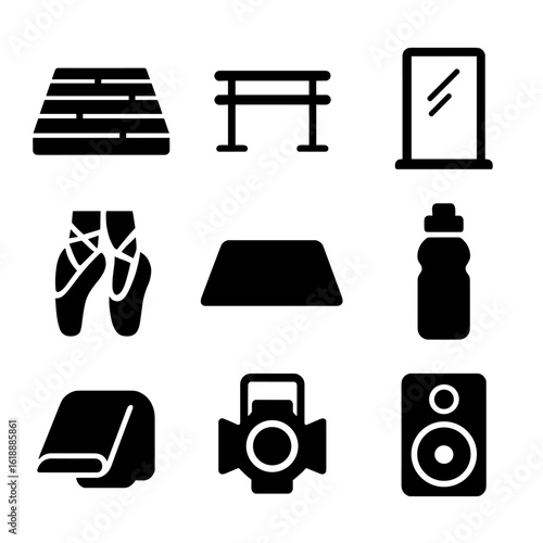 Ballet Dance Essentials. Solid, filled icon set of ballet dance floor essentials: wooden floor, barre, full-length mirror, ballet