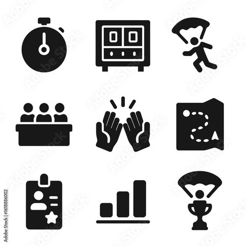 Base Jumping Icons. Solid, filled icon set of base jumping competitions: countdown clock, scoreboard, jump sequence, judge panel,