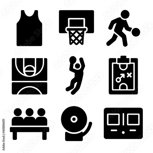 Basketball Icon Grid. Solid, filled icon set of basketball team: basketball jersey, hoop, dribbling player, court layout, slam