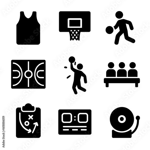 Basketball Icon Grid. Solid, filled icon set of basketball team: basketball jersey, hoop, dribbling player, court layout, slam
