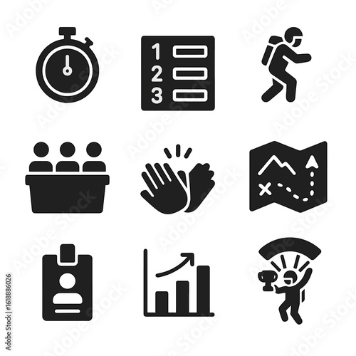 Base Jumping Icons. Solid, filled icon set of base jumping competitions: countdown clock, scoreboard, jump sequence, judge panel,