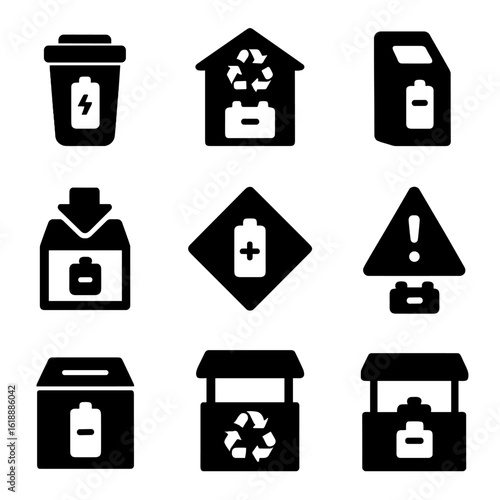 Battery Disposal Icons. Solid, filled icon set of battery disposal stations: e-waste bin, community recycling center, collection