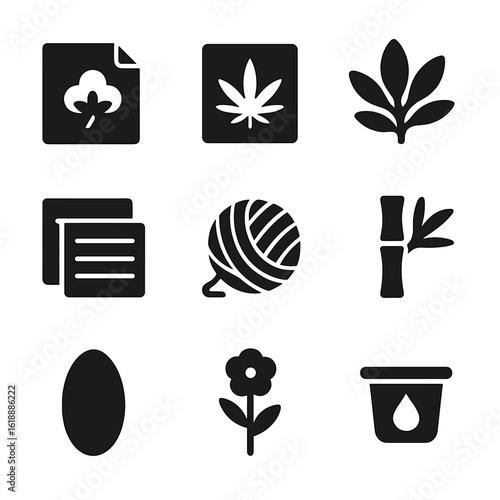 Biodegradable Textiles Icons. Solid, filled icon set of biodegradable textiles: cotton fabric, hemp fabric, jute fabric, linen