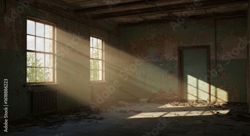 Fotografia Sunlight streams through the windows of an abandoned building creating a somber