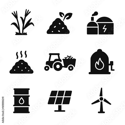 Bioenergy Icon Set. Solid, filled icon set of recycling agricultural waste for bioenergy production: crop residue, biomass pile,