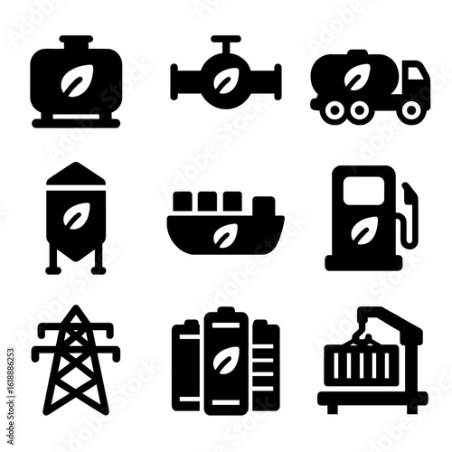 Bioenergy Storage Icons. Solid, filled icon set of bioenergy storage and transport: fuel tank, pipeline, tanker truck, storage