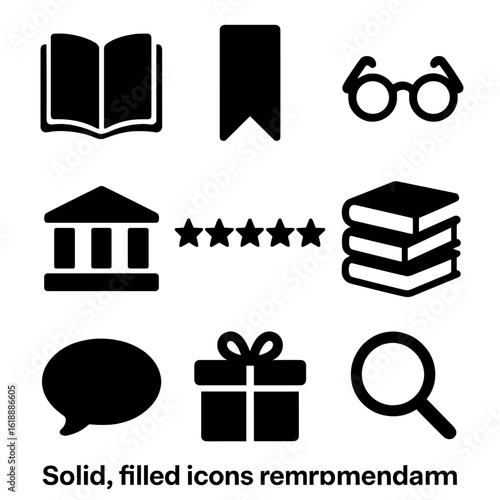 Book Theme Icons. Solid, filled icon set of book recommendation themes: open book, bookmark, reading glasses, library, star rating