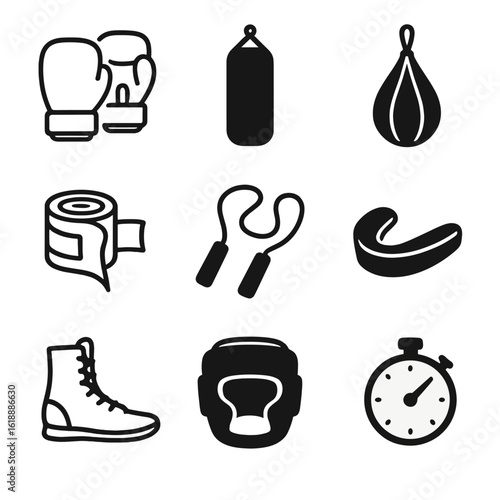 Boxing Equipment Icons. Solid, filled icon set of Boxing workout equipment: boxing gloves, punching bag, speed bag, hand wraps,