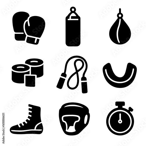 Boxing Equipment Icons. Solid, filled icon set of Boxing workout equipment: boxing gloves, punching bag, speed bag, hand wraps,