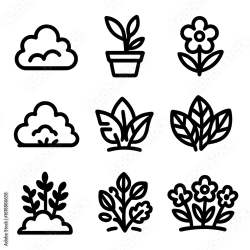 Botanical Icon Set. Solid, filled icon set of botanical bushes: bush, plant pot, flower bloom, shrubbery, tropical bush, leaf