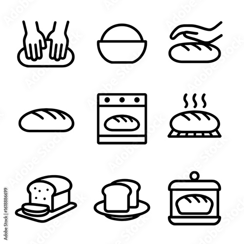 Bread Baking Icons. Solid, filled icon set of bread baking stages: kneading dough, proofing dough, shaping loaf, scoring, baking,