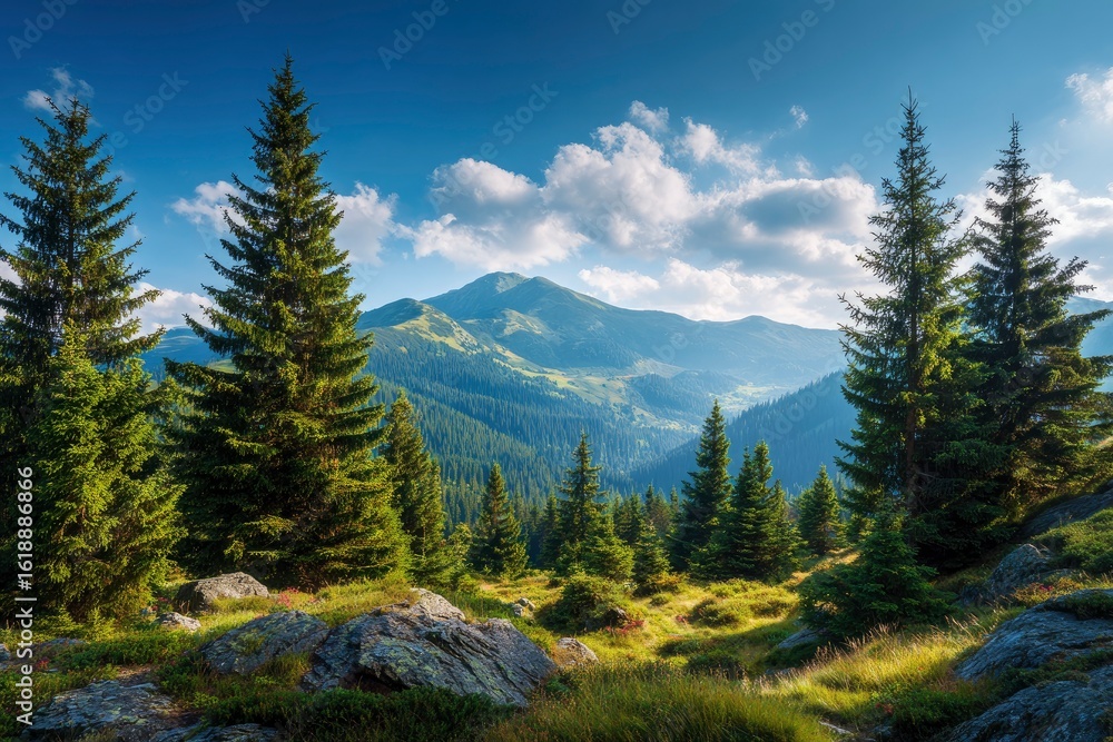 Obraz premium Mountain scene with green trees rocks grass and a large mountain range in the background under a blue cloudy sky