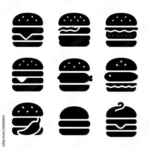 Burger Icon Set. Solid, filled icon set of burger types: cheeseburger, bacon burger, veggie burger, double patty burger, chicken