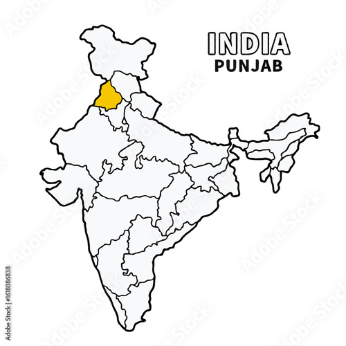 Punjab Map is highlighted on the India map with detailed state and region outlines vector illustration 
