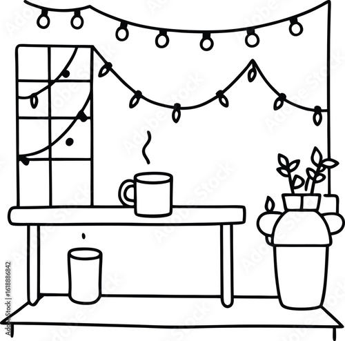 dorm with fairy lights mug and small table