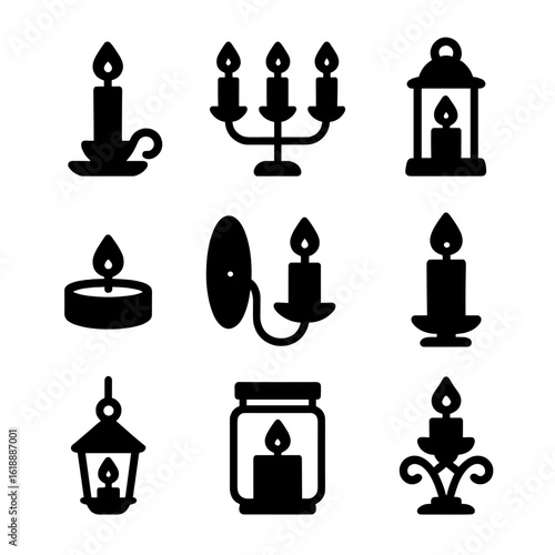 Candle Holder Icons. Solid, filled icon set of candle holders: single candle holder, candelabra, lantern, tealight holder, wall